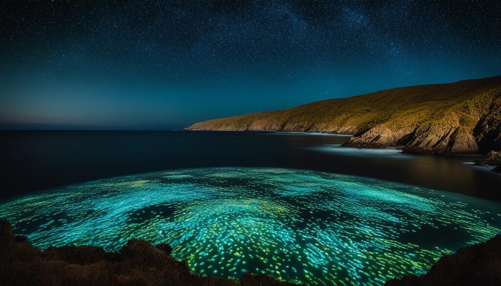 Bioluminescent plankton glowing in the water