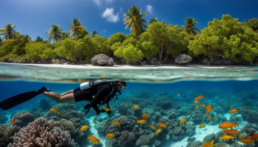 Diver exploring coral reef in Gaafu Dhaalu Atoll